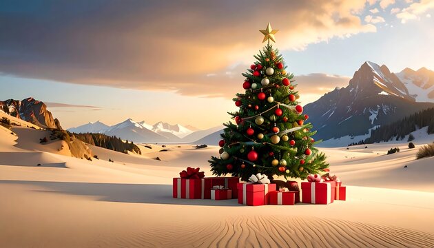 Christmas tree in a desert landscape at sunrise