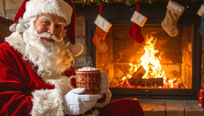 Santa Claus smiling drinking a mug of hot chocolate cocoa sitting in front of a fire, cosy christmas setting with stockings hanging on the fireplace, holiday background wallpaper