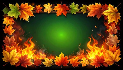 Autumn leaves frame around a green chalkboard, with flames