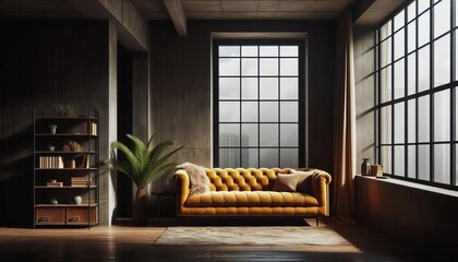 Fototapeta premium Luxurious mustard yellow tufted sofa in a dimly lit loft apartment with large industrial windows and a bookshelf