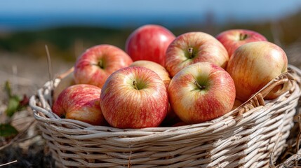 Freshly picked apples in a woven basket sit on vibrant grass, while additional red and yellow apples lie nearby under a clear blue sky