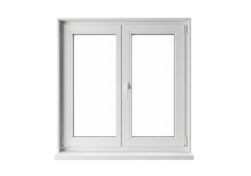 A new, unblemished white PVC double window frame, clear vertical panes, matching sill, sharp edges, against transparent background with copy space. Concept for modern architectural product display