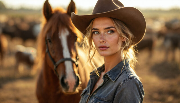 Confident woman in cowboy hat with horse on a sunlit farm