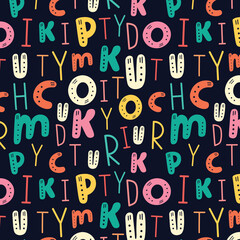 Alphabet Vector Seamless pattern in Scandinavian style. Latin alphabet background. Hand Drawn Doodle Letters for kids. Abc Vector Illustration. 
