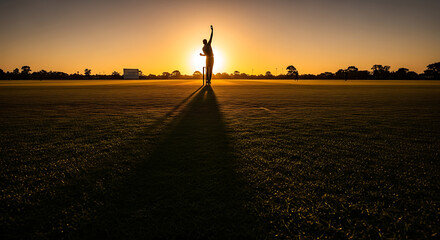 A Silhouette of a Cricketer Bowler against a Golden Sunset, a Poetic and Inspirational Representation of a Sportsman's Journey