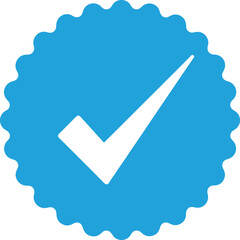 White Check Mark on Blue Scalloped Circle, Isolated Element on Transparent Background