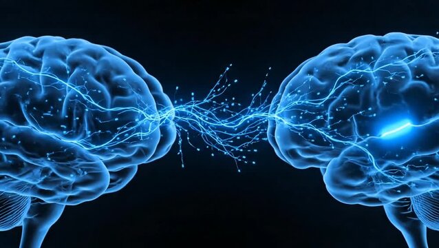 Advanced AI brains sharing information through a glowing neural link