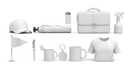 Collection of promotional merchandise items isolated on white background