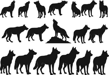 Wolf silhouette vector, wild animal silhouettes, howling wolf art, forest predator clipart, wolf pack design, wildlife illustration