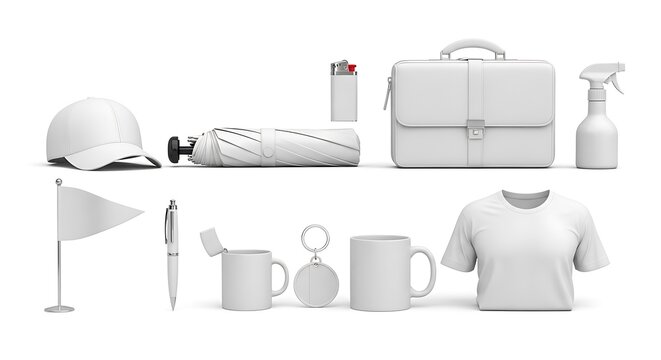 Collection of promotional merchandise items isolated on white background