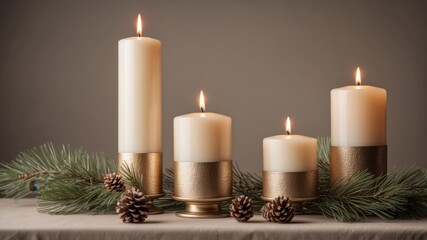 Elegant candles in holders decorated with pine twigs, isolated festive composition