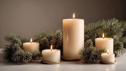Elegant candles in holders decorated with pine twigs, isolated festive composition