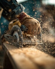 Person Cutting Wood with Circular Saw in Dusty Workshop Environment