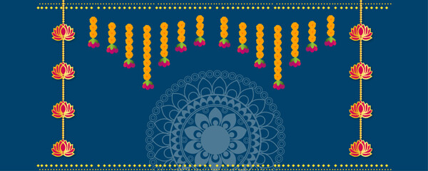 Traditional marigold flower garland toran vector, perfect for Indian Hindu wedding, navratri, dussehra, Diwali, karwa chauth festival decoration, floral border ornament design for celebration themes