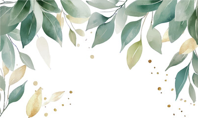Watercolor Green and Gold Leaves Border with White Space glitter