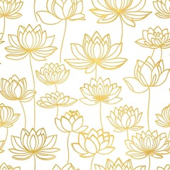 Fototapeta premium Seamless golden lotus flower pattern with elegant line art details on a white background, creating a luxurious and spiritual design suitable for decor, textiles, and wallpapers.