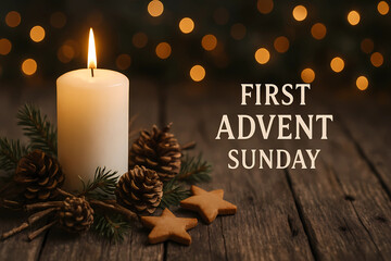 Candles with cedar branches and cones. The cosiness of the festive atmosphere of Christmas and New Year 2026/2025 at a rustic wooden table illuminated by the delicate highlights of the 16:9 side.