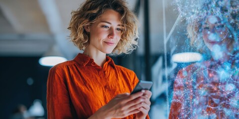 Young Female Manager Engaging with Smartphone and Digital Holograms in Modern Office