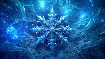 Obraz premium Crystal Snowflake Glowing In Icy Blue Fractal Background