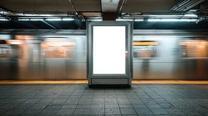 Stunning photo of empty advertisement display in NYC subway station. Fast moving train visible in background. Modern marketing media template. Mock up poster. Vertical design.