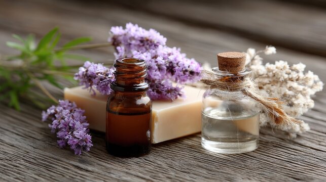 Delight in a calming lavender spa arrangement featuring essential oils, candles, and soft towels for an inviting retreat at home