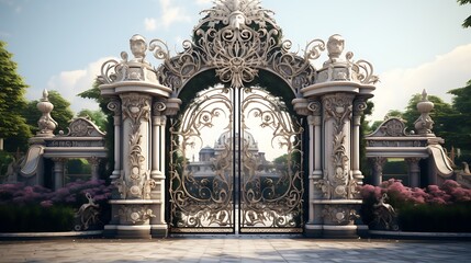 Elaborate wrought iron gate leading to a grand estate with lush gardens and architectural details