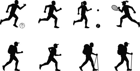 Sports and Outdoor Silhouettes Featuring Basketball, Soccer, Tennis, Hiking, and Running for Fitness, Recreation, and Youth Activity Design Content
