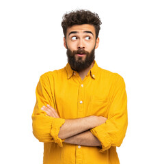 Obraz premium Curious Middle Eastern man with crossed arms in yellow shirt on white