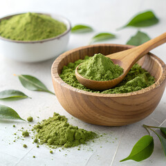 Matcha powder in wooden bowl