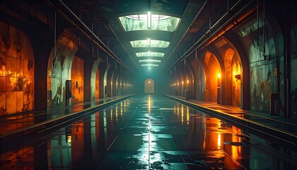 Fototapeta premium Dark, wet tunnel interior