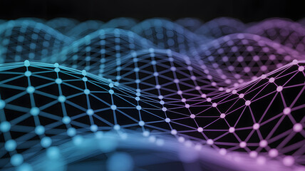 Abstract network with connected white dots and lines against a dark background with blue and pink gradient