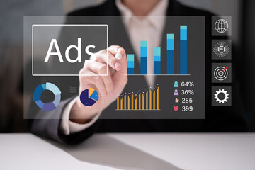 Businessman small business information report performance data analysis dashboard from social media promotion campaign success growth online advertisement digital marketing strategy technology concept