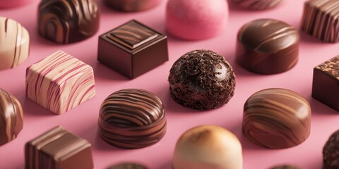 Obraz premium Elegant Chocolate Bonbons Arranged Neatly on Pink Background