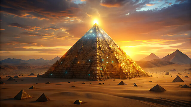 Golden Pyramid Covered In Diamonds Glowing In Desert Scene - Powered by Adobe