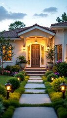 Fototapeta premium Welcoming entrance of a Florida-style detached house with landscaped pathway