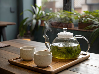 Glass teapot with green tea and cups
