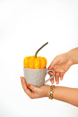 woman hands holding pumpkin and cup of hot drink on white background, isolated image