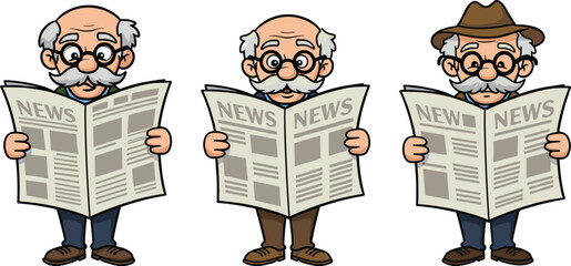Cartoon Elderly Men Reading Newspapers – Vector Illustration of Senior Male Characters with Glasses, Mustaches, and Hats in Morning Routine