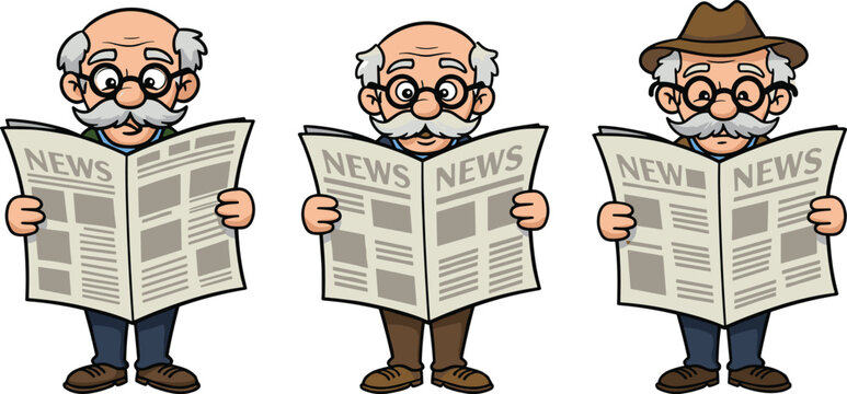 Cartoon Elderly Men Reading Newspapers – Vector Illustration of Senior Male Characters with Glasses, Mustaches, and Hats in Morning Routine