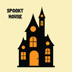 Spooky haunted house silhouette vector illustration. Halloween castle design with creepy windows and scary tower. Isolated horror building graphic for party decoration, poster, card, print use.