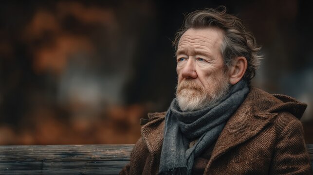Thoughtful elderly man with gray hair and beard wearing scarf, sitting on a bench in autumn park, symbolizing aging, wisdom, reflection, and International Day of Older Persons