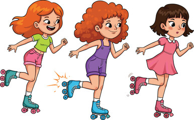 Cartoon girls roller skating in colorful outfits, joyful outdoor playtime activity, perfect for kids sport, movement, and summer fun illustrations