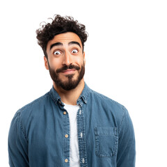 Fototapeta premium Surprised Middle Eastern Man in Denim Shirt on Transparent Background