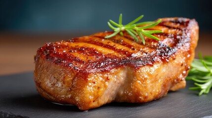 Grilled Lamb Chop Gourmet Kitchen Food Photography Dark Slate Background Close-Up Culinary Delight