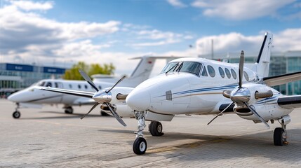 Detailed view of airplane nose and windows resting at an airport under a clear blue sky, highlighting the craftsmanship and design
