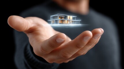 Innovative Hand Exploring Floating Digital House Virtual Environment 3D Visualization Futuristic Concept