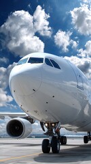 Obraz premium Detailed view of airplane nose and windows resting at an airport under a clear blue sky, highlighting the craftsmanship and design