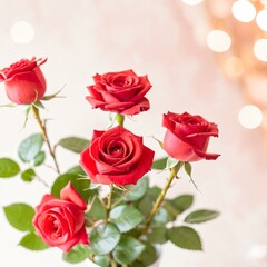 Fototapeta premium A bouquet of fresh red roses with lush green leaves against a softly blurred background with warm bokeh lights, creating a romantic and elegant atmosphere.