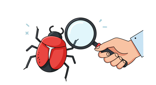 Exploring beetle with magnifying glass: cartoon hand-drawn insect observation
