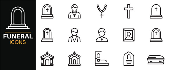 Sacred funeral vector icon pack with chapel, coffin, obituary, and cemetery items